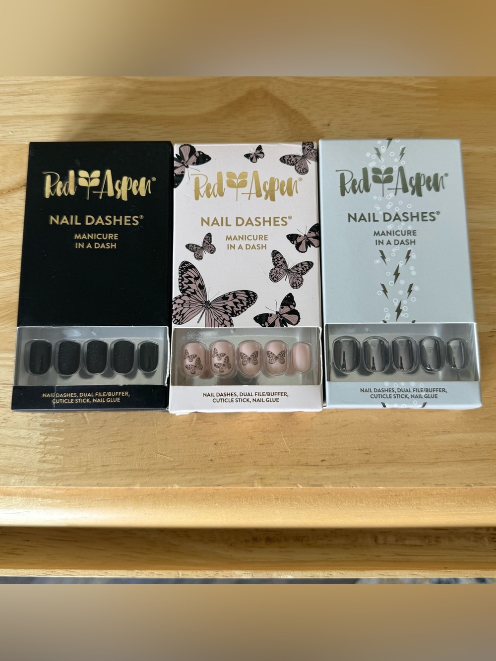 Red Aspen Short Square Press On Nails-Black Ali, Butterfly Laina, Chrome Bristol